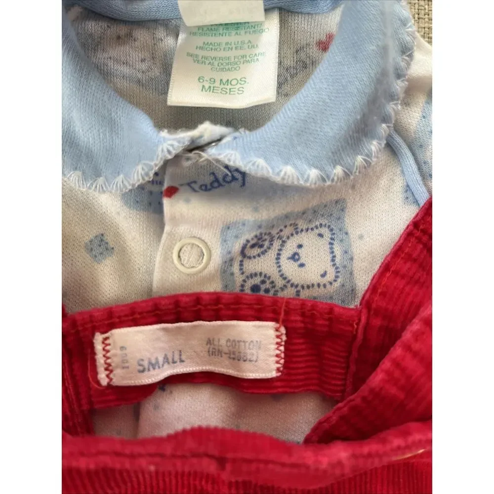 Vintage 70s Lot of 2 Red Corduroy Bib Overalls 6 mths Babygro Baby Sleeper Pjs